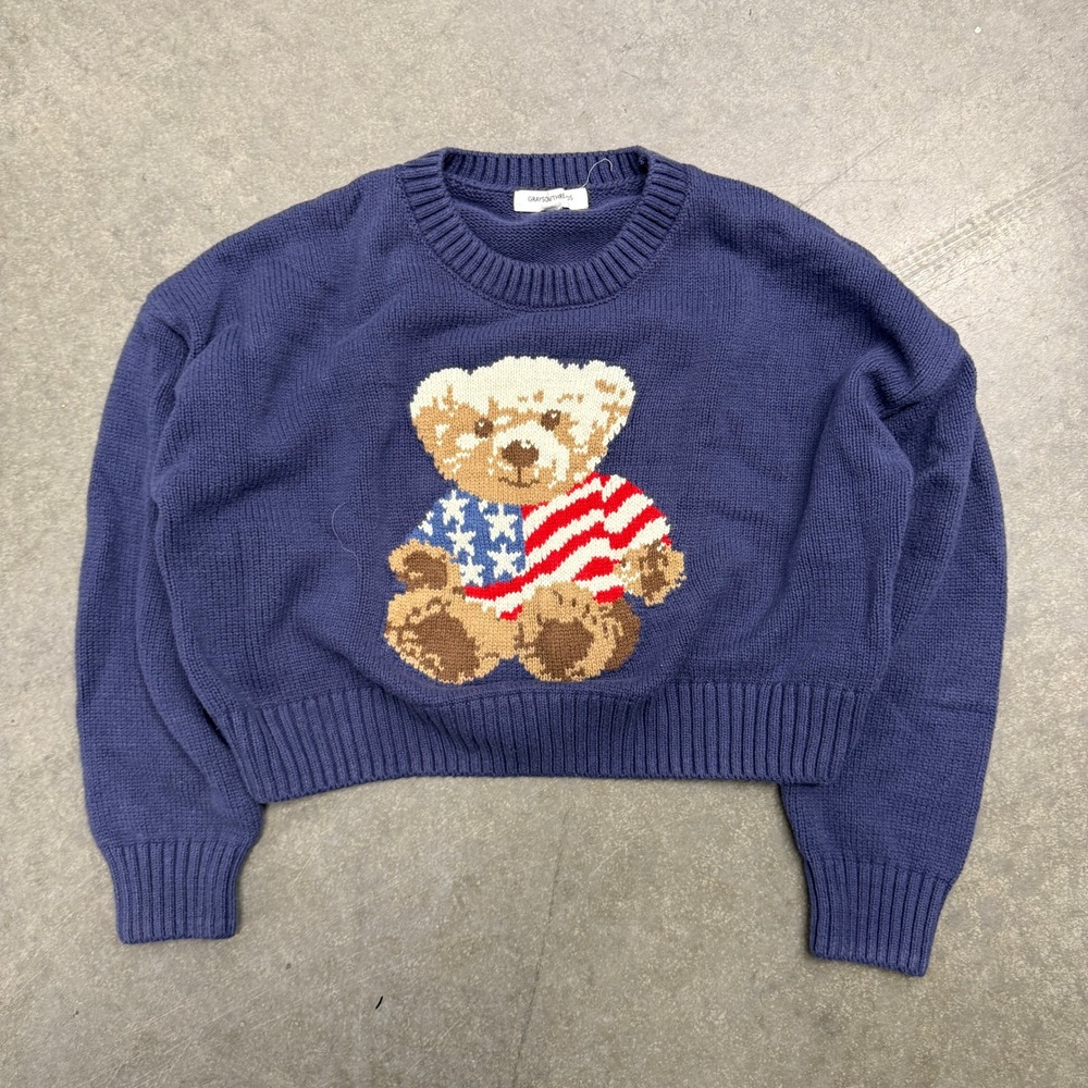 Grayson Threads Kids Navy Blue American Flag Teddy Bear Knit Cropped Sweater